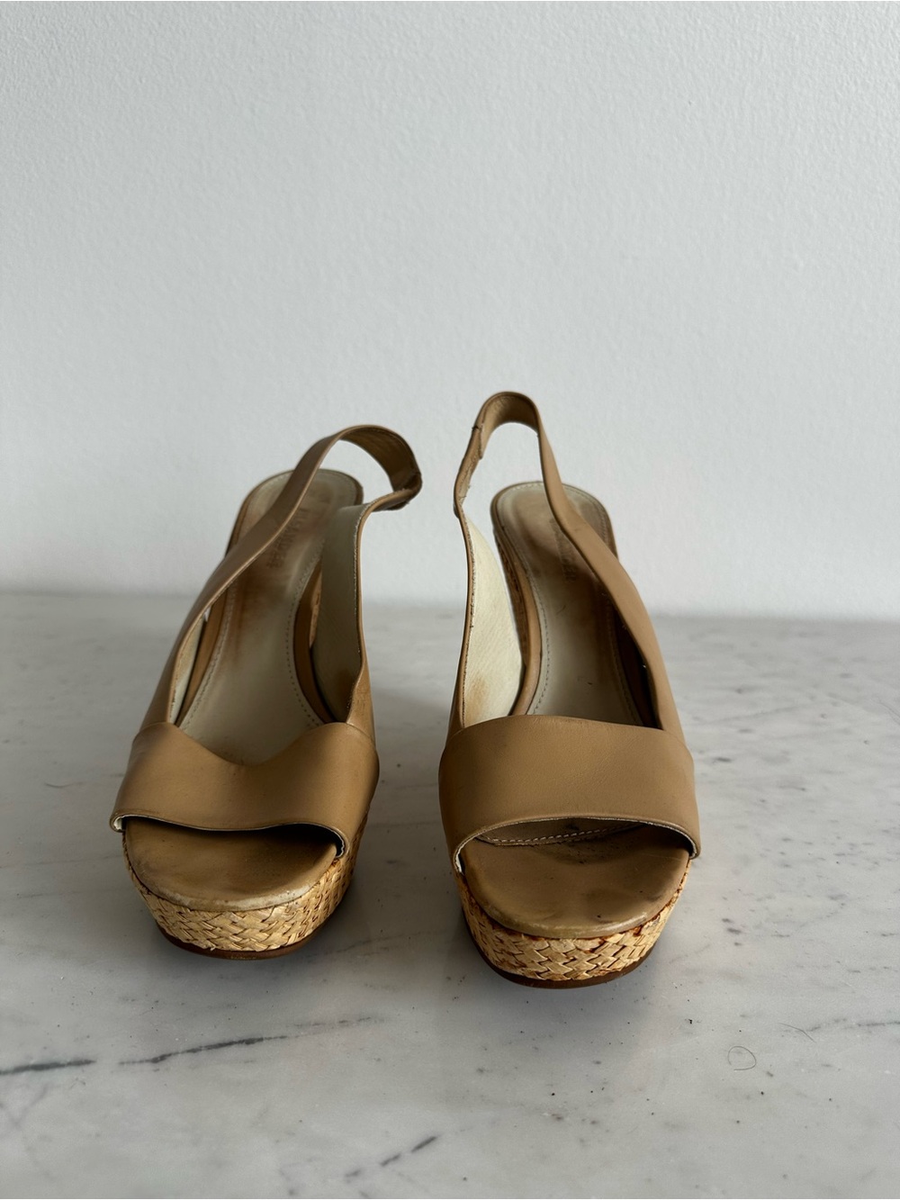Jil Sander Tan Leather Woven-Platform Slingback Wedges